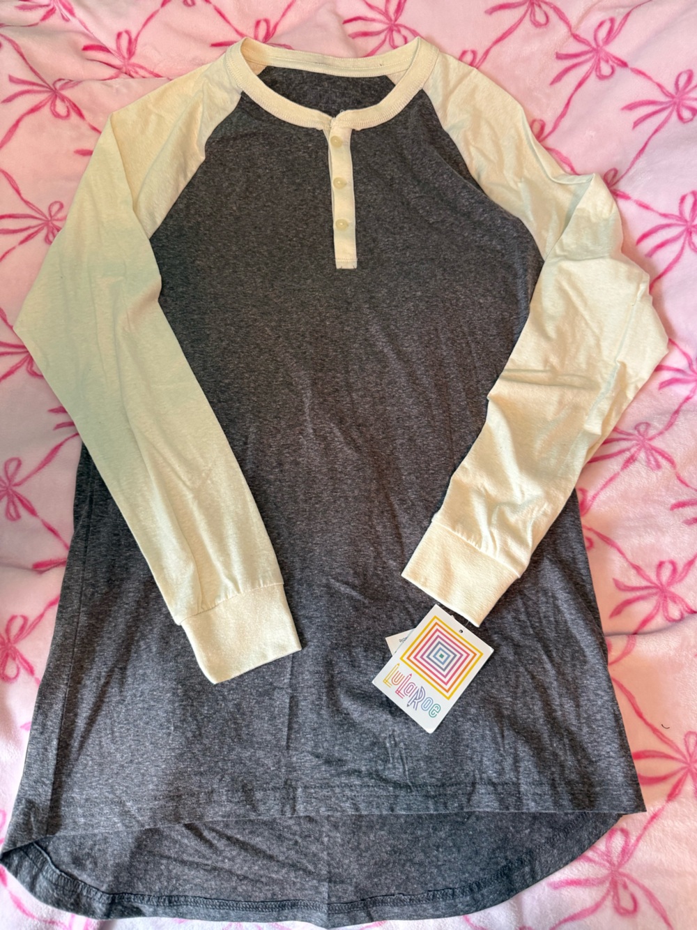 LuLaRoe Charcoal with Cream Raglan Henley Long Sleeve Tee